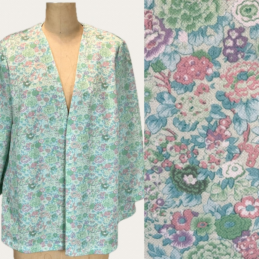 VINTAGE 60s cottage‎ floral pastel calico open front jacket cardigan polyester